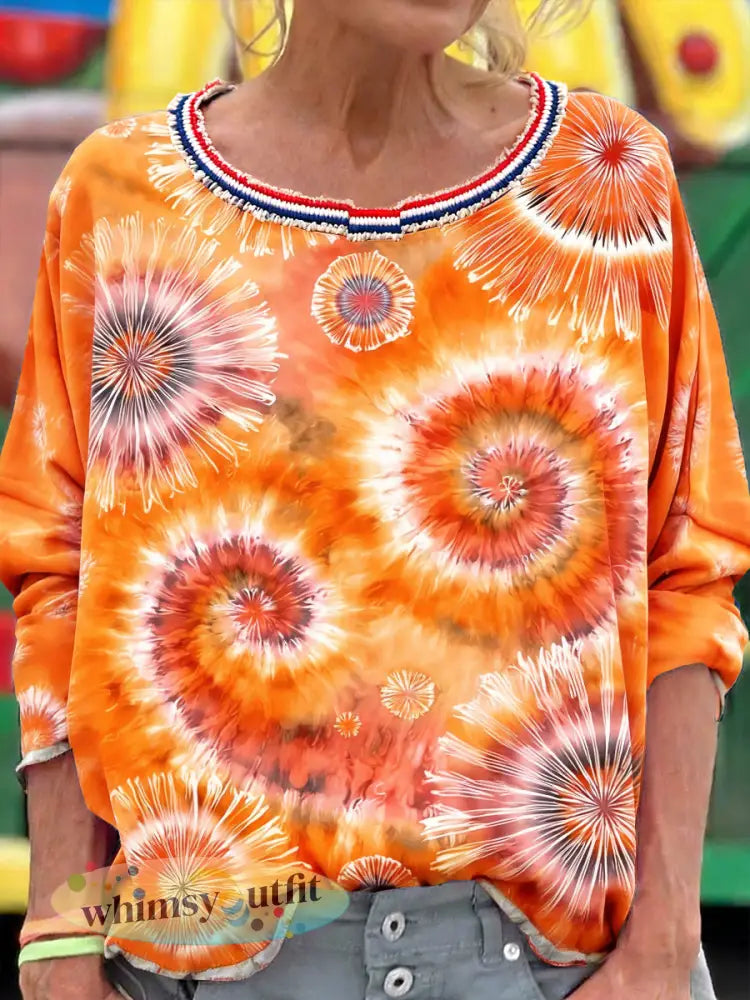 Dames Nederlandse Oranje Tie-Dye Bloemenprint T-shirt met lange mouwen - Sinaasappel / S