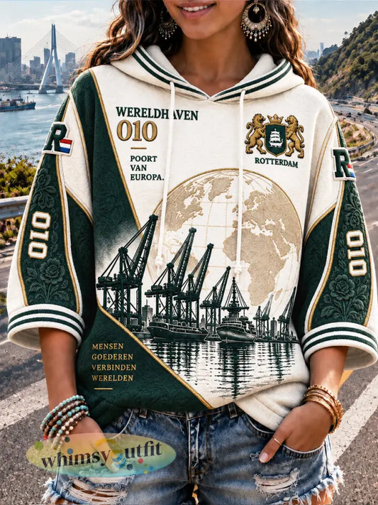 Dames Nederlandse Rotterdam patchworkprint casual hoodie met capuchon - Romig-Wit / S