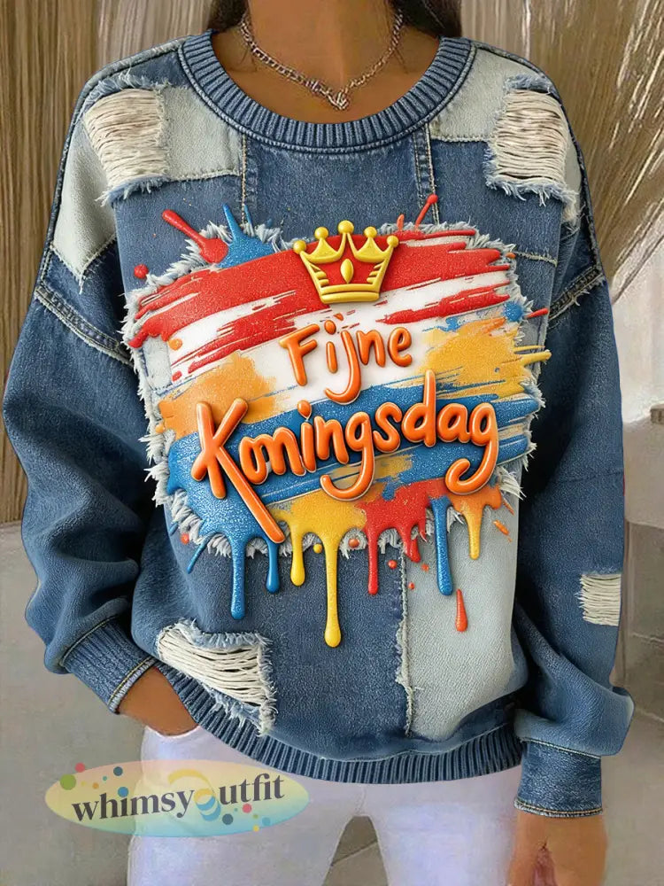 Dames Nederlandse stijl Koningsdag Denim Patchwork Distressed Print Casual Sweatshirt - Blauw / S