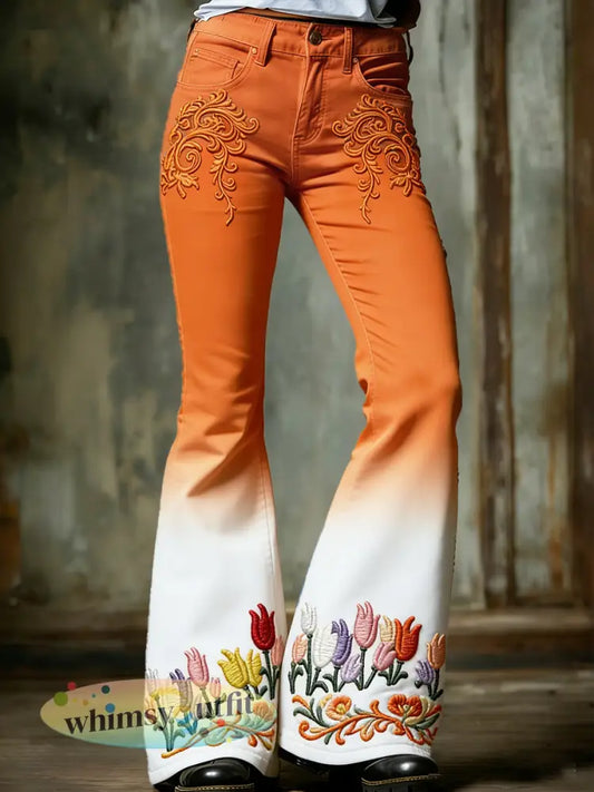 Dames Nederlandse Tulp Bloemen Gradiënt Print Casual Mode Uitlopende Broeken - Oranje wit / S