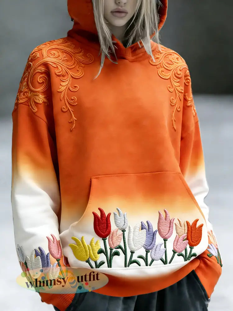 Dames Nederlandse Tulp Bloemen Koningsdag Gradiëntprint Casual V-hals Sweatshirt met capuchon - Oranje wit / S