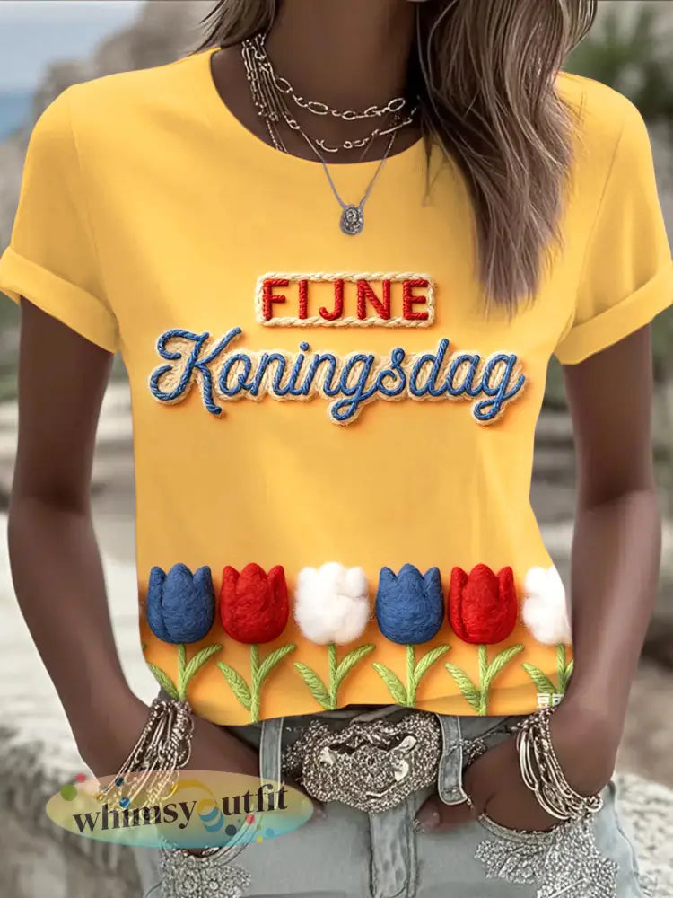 Dames Nederlandse Vlag Koningsdag 3D Bloemenprint Casual T-shirt - Oranje-Geel / S