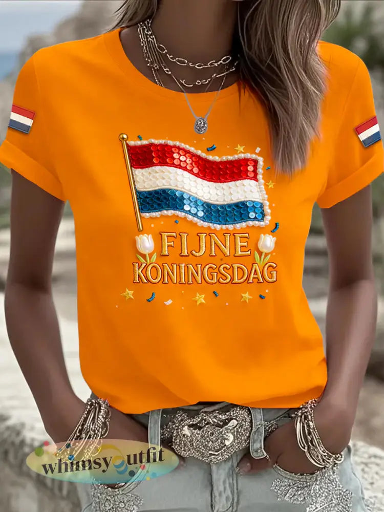 Dames Nederlandse vlag Koningsdag 3D-gedrukt casual t-shirt - Sinaasappel / S