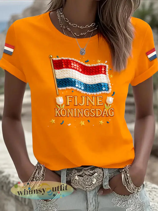 Dames Nederlandse vlag Koningsdag 3D-gedrukt casual t-shirt - Sinaasappel / S