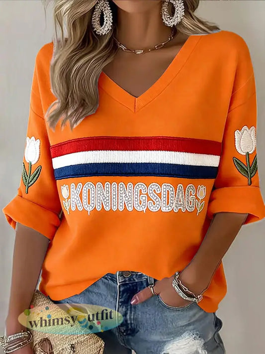 Dames Nederlandse Vlag Koningsdag Afdruk Casual V-hals T-shirt - Sinaasappel / S