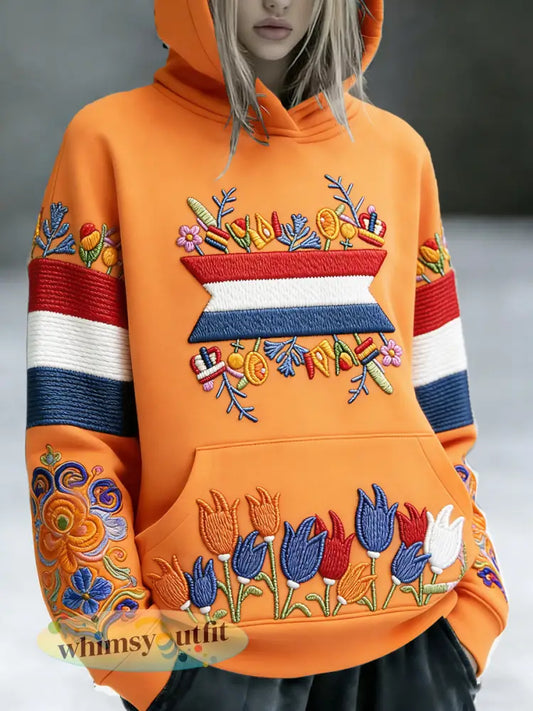 Dames Nederlandse Vlag Koningsdag Bloemen 3D Print Casual Sweatshirt met capuchon - Sinaasappel / S