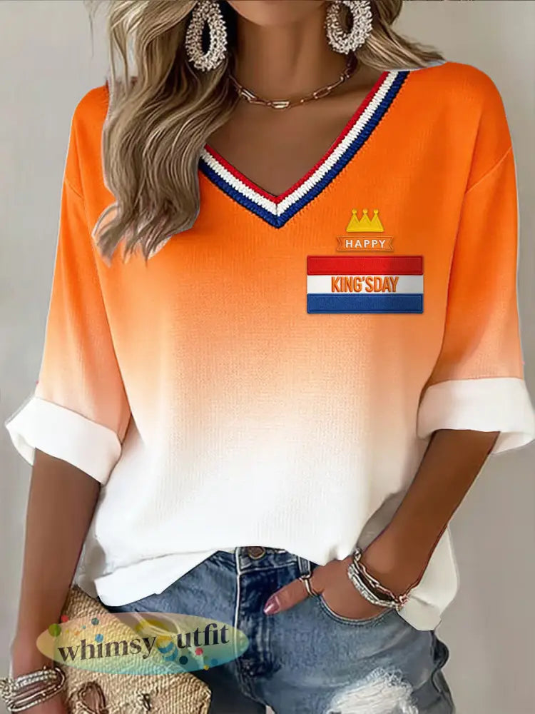 Dames Nederlandse Vlag Koningsdag Gradiënt Print T-shirt met V-hals - Oranje wit / S