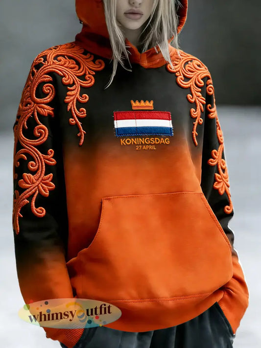 Dames Nederlandse Vlag Koningsdag Gradiëntprint Casual V-hals Sweatshirt met capuchon - Zwarte Sinaasappel / S