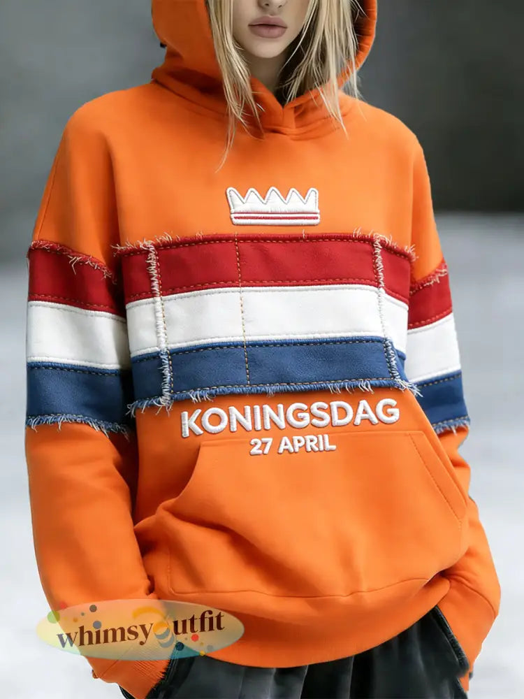 Dames Nederlandse Vlag Koningsdag Patchwork Print Casual Sweatshirt met capuchon - Sinaasappel / S
