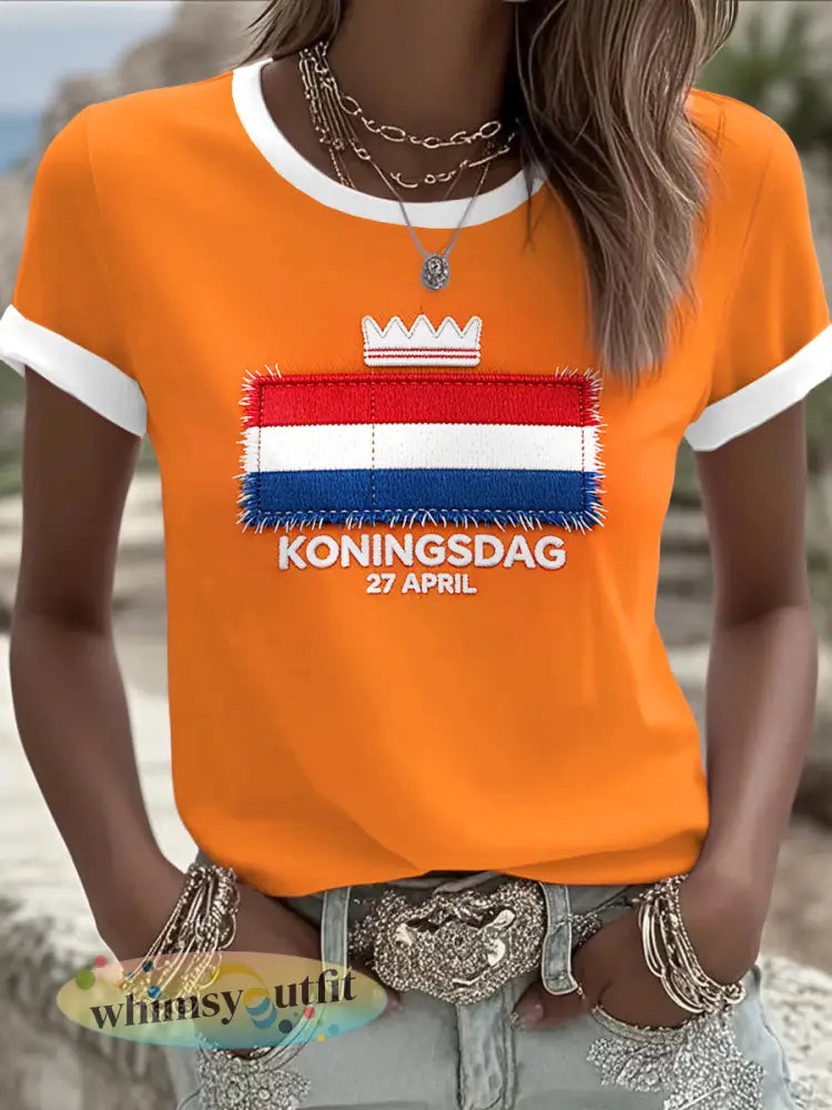 Dames Nederlandse Vlag Koningsdag Print Oranje Casual T-shirt - Sinaasappel / S