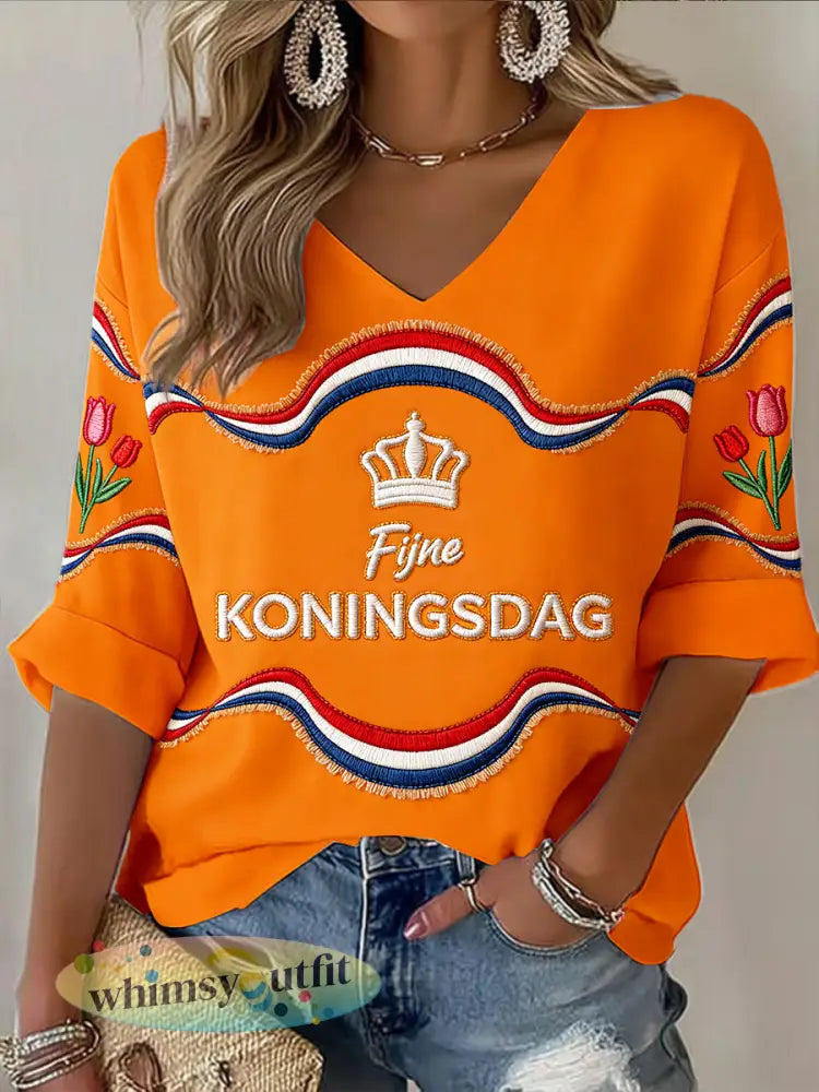 Dames Nederlandse Vlag Koningsdag Print Oranje V-hals T-shirt - Sinaasappel / S