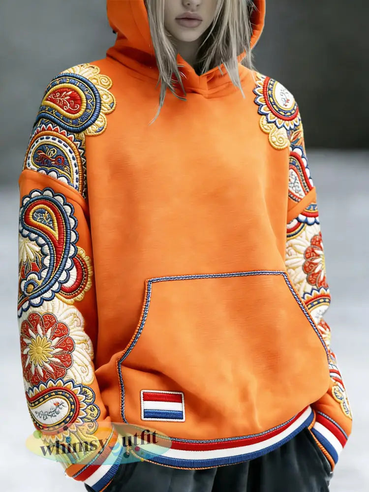 Dames Nederlandse Vlag Koningsdag Traditionele Paisley Print Casual Sweatshirt met capuchon - Sinaasappel / S
