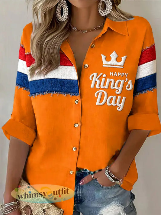 Dames Nederlandse Vlag Patchwork King’s Day Print Casual shirt met lange mouwen - Sinaasappel / S