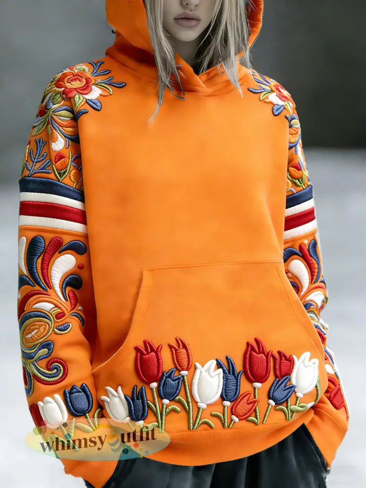 Dames Nederlandse Vlag Patchwork Koningsdag Bloemenprint Oranje Sweatshirt met capuchon - Sinaasappel / S