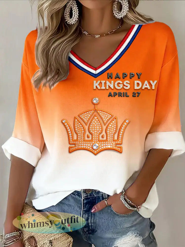 Dames Nederlandse Vlag Patchwork Koningsdag Gradiënt Print T-shirt met V-hals - Sinaasappel / S