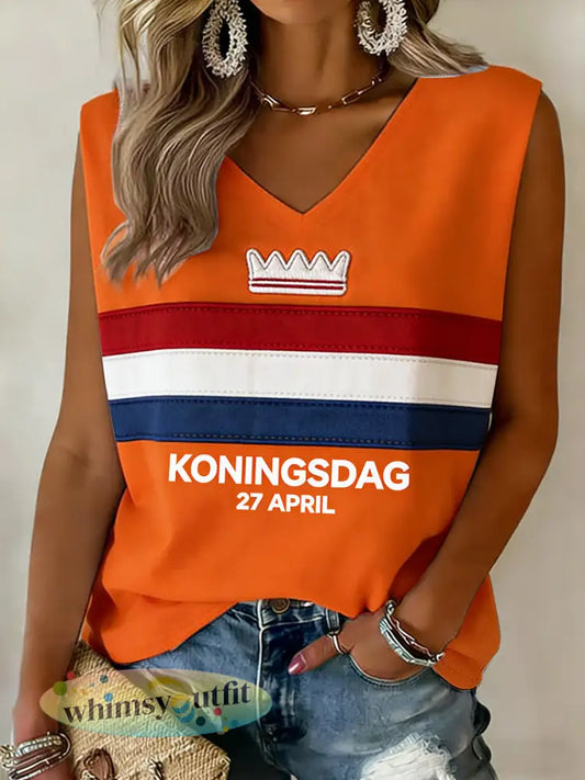 Dames Nederlandse Vlag Patchwork Koningsdag print casual loszittend vest - Sinaasappel / S