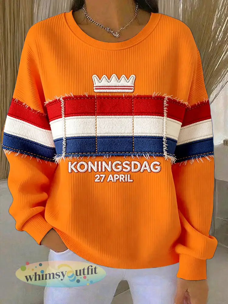 Dames Nederlandse Vlag Patchwork Koningsdag Print Relaxed-Fit Sweatshirt - Sinaasappel / S