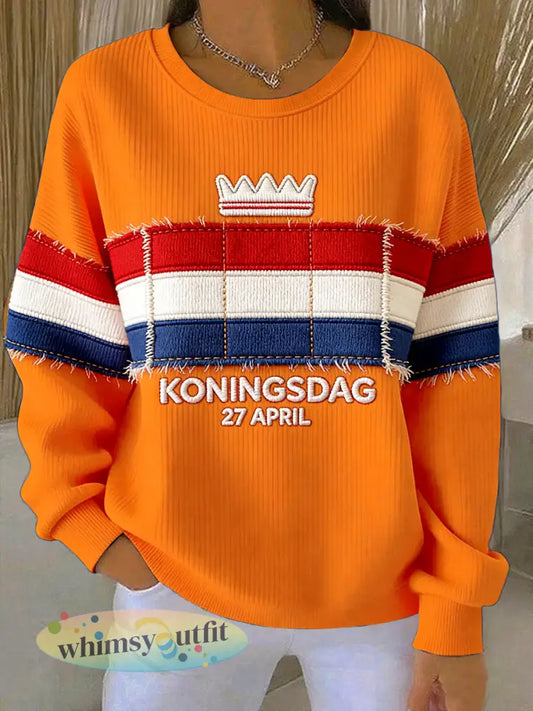 Dames Nederlandse Vlag Patchwork Koningsdag Print Relaxed-Fit Sweatshirt - Sinaasappel / S