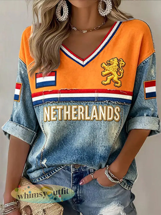 Dames Nederlandse Vlag Patchwork Print Casual V-hals T-shirt - Veelkleurig / S