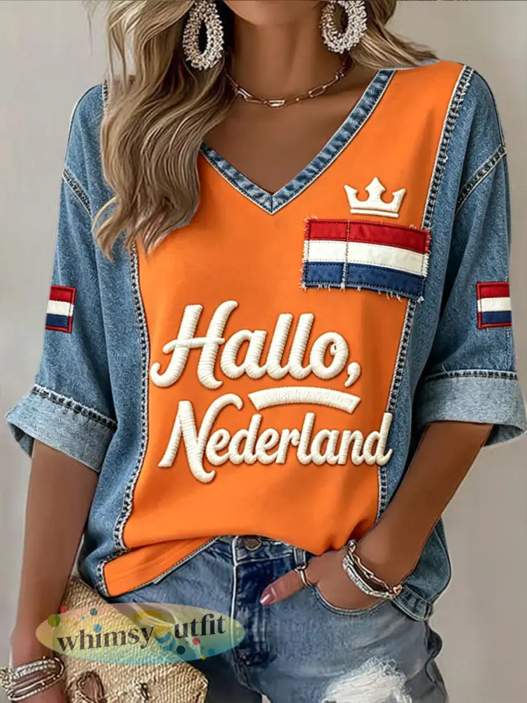 Dames Nederlandse Vlag Patchwork Text Print Casual V-hals T-shirt - Sinaasappel / S