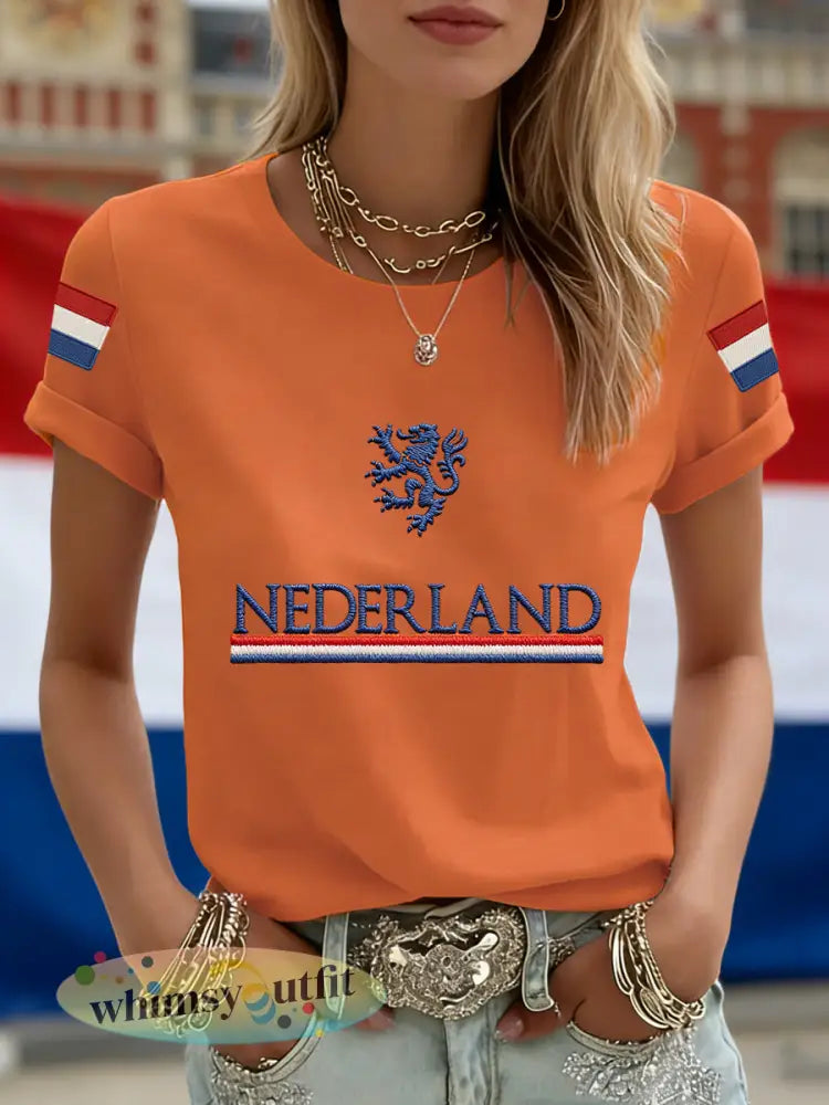 Dames Nederlandse vlag print casual T-shirt - Oranje / S