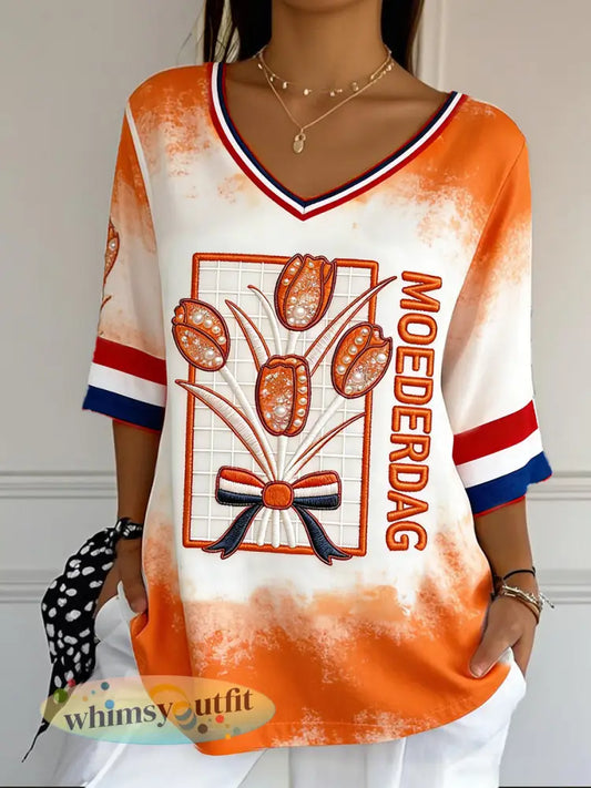 Dames Nederlandse Vlag Tulpenprint Moederdag cadeau Mode V-hals T-shirt - Oranje wit / S