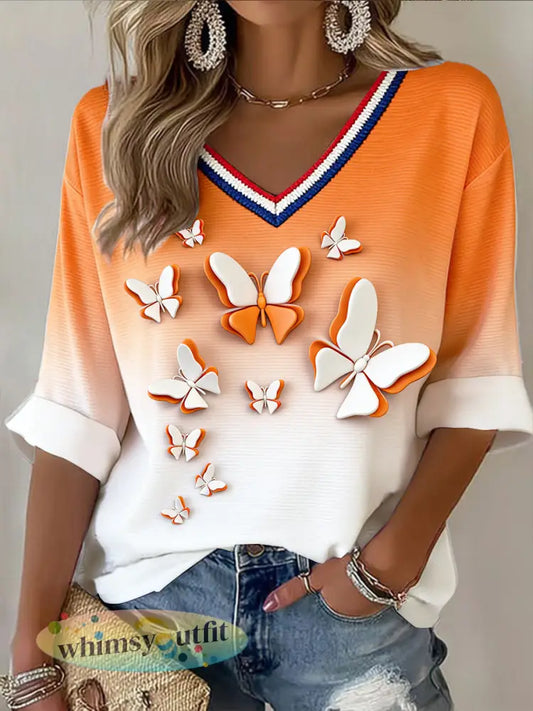 Dames Nederlandse vlinder 3D-verloopprint casual T-shirt met V-hals - Oranje wit / S