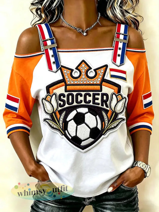 Dames Nederlandse voetbal patchwork print casual mode strapless t-shirt - Oranje wit / S