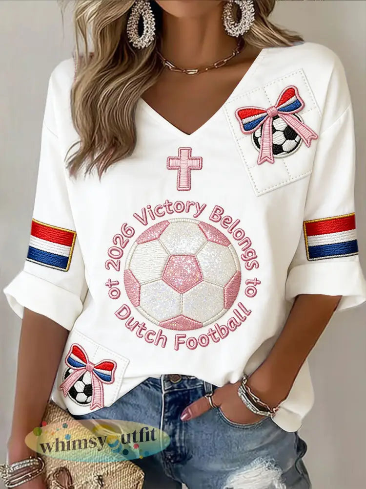 Dames Nederlandse voetbal patchwork print wit casual T-shirt met V-hals - Wit / S