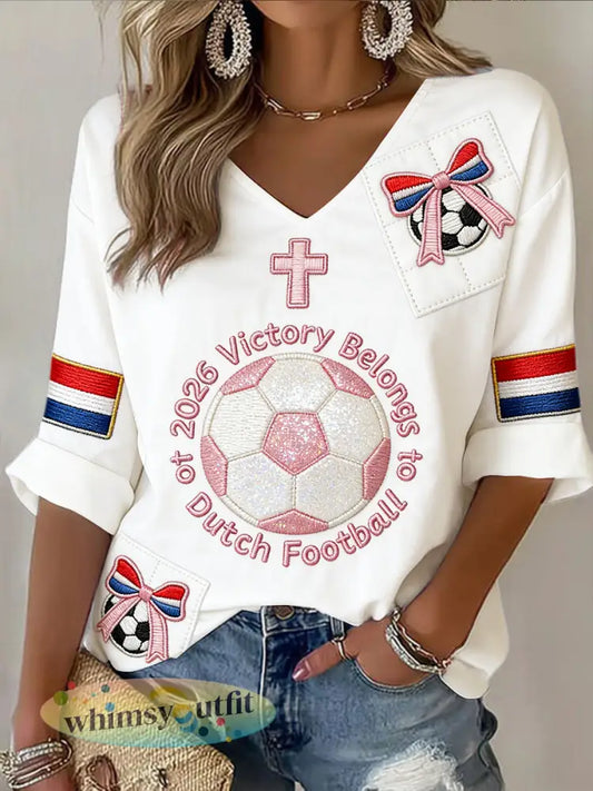 Dames Nederlandse voetbal patchwork print wit casual T-shirt met V-hals - Wit / S