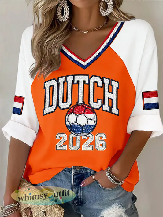 Dames Nederlandse voetbal patchworkprint casual T-shirt met V-hals - Oranje wit / S