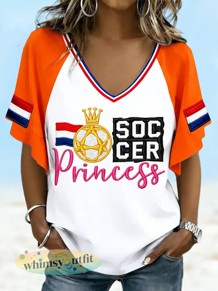 Dames Nederlandse voetbalprint casual T-shirt met V-hals en vrije schouders - Oranje wit / S