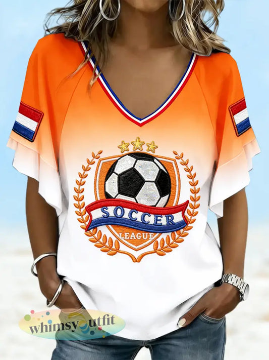 Dames Nederlandse voetbalverloopprint casual T-shirt met V-hals en vrije schouders - Oranje wit / S