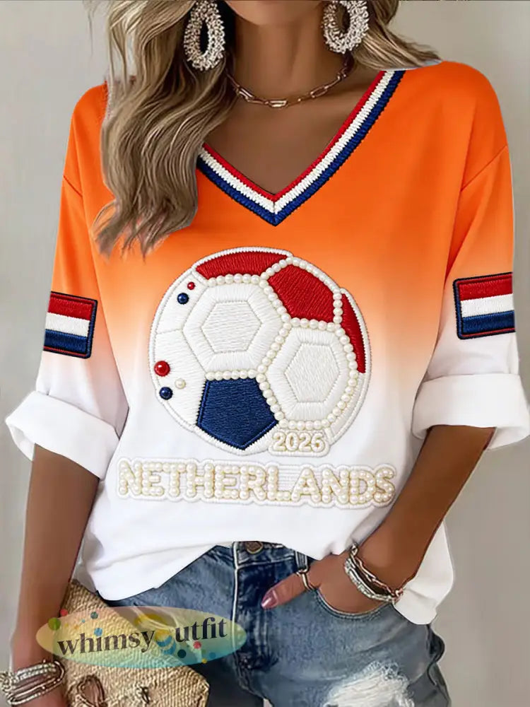 Dames Nederlandse voetbalverloopprint casual T-shirt met V-hals - Oranje wit / S