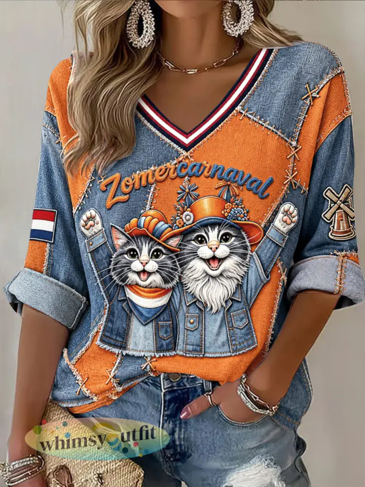 Dames Nederlandse Zomercarnaval Cat-Print Denim-Style Patchwork Casual V-hals T-shirt - Veelkleurig / S