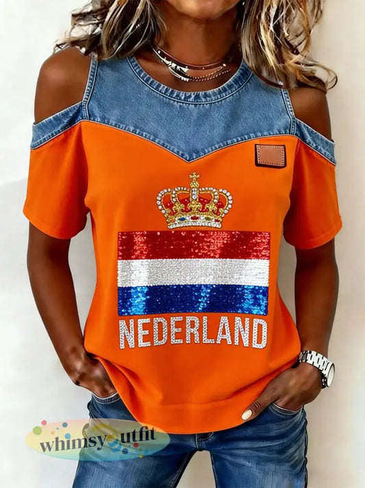 Dames off-shoulder T-shirt met koningsdag print - A / S