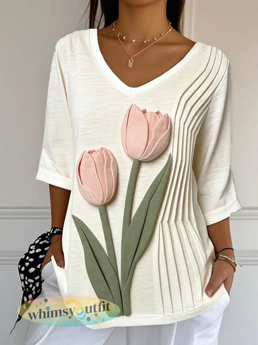 Dames Off-White Elegante Tulp 3D Print Moederdag cadeau V-hals T-shirt - Romig-Wit / S