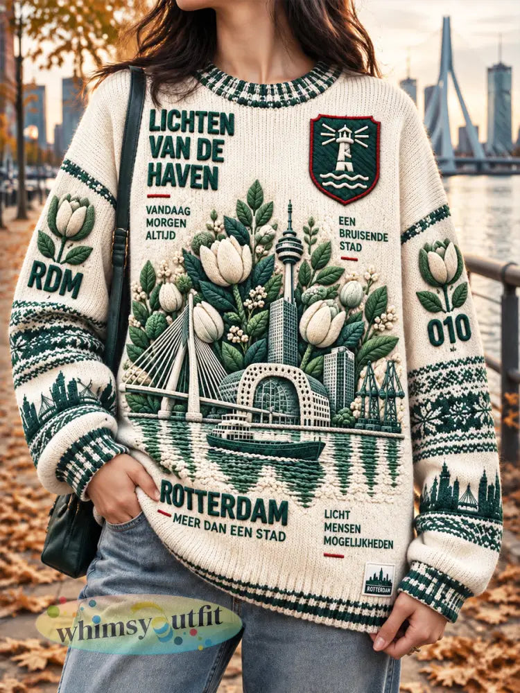 Dames Off-White Rotterdam City-jumper met bloemenprint casual model voor herfst/winter - Romig-Wit / S