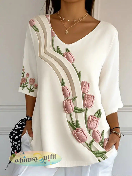 Dames Off-White Tulp 3D Print Moederdag Cadeau Casual V-hals T-shirt - Romig-Wit / S