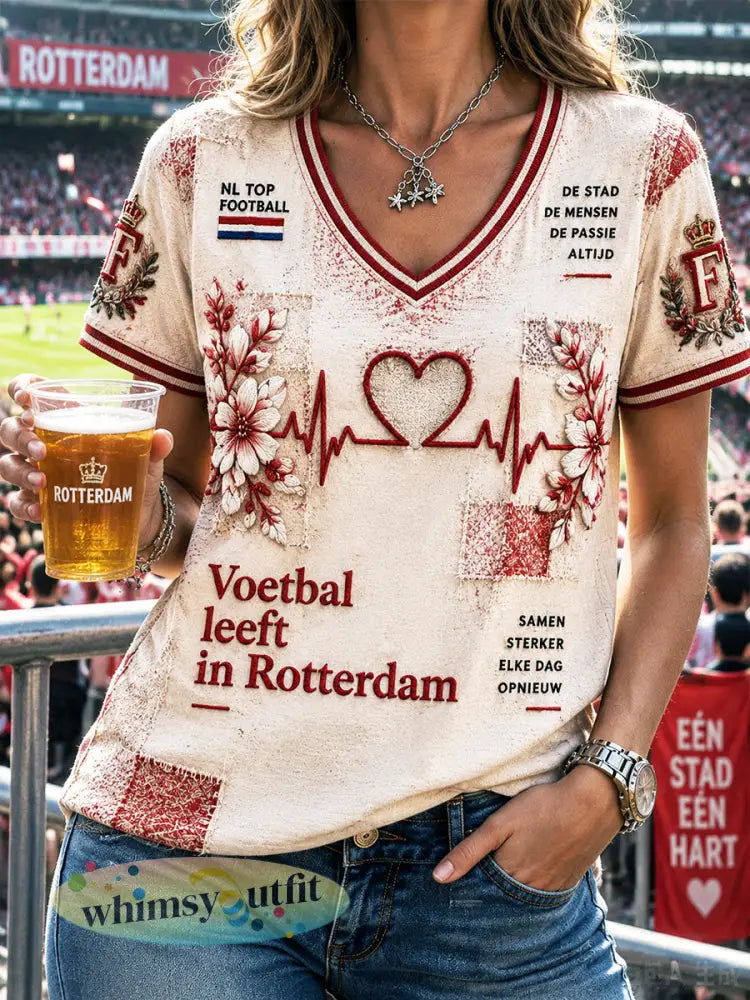Dames’ offwhite Feyenoord-voetbalprint casual T-shirt met V-hals - Romig-Wit / S