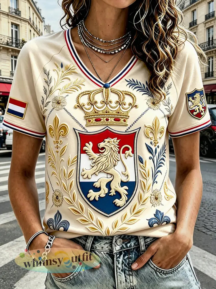 Dames’ offwhite Nederlands voetbal T-shirt met 3D-print en V-hals casual stijl - Romig-Wit / S