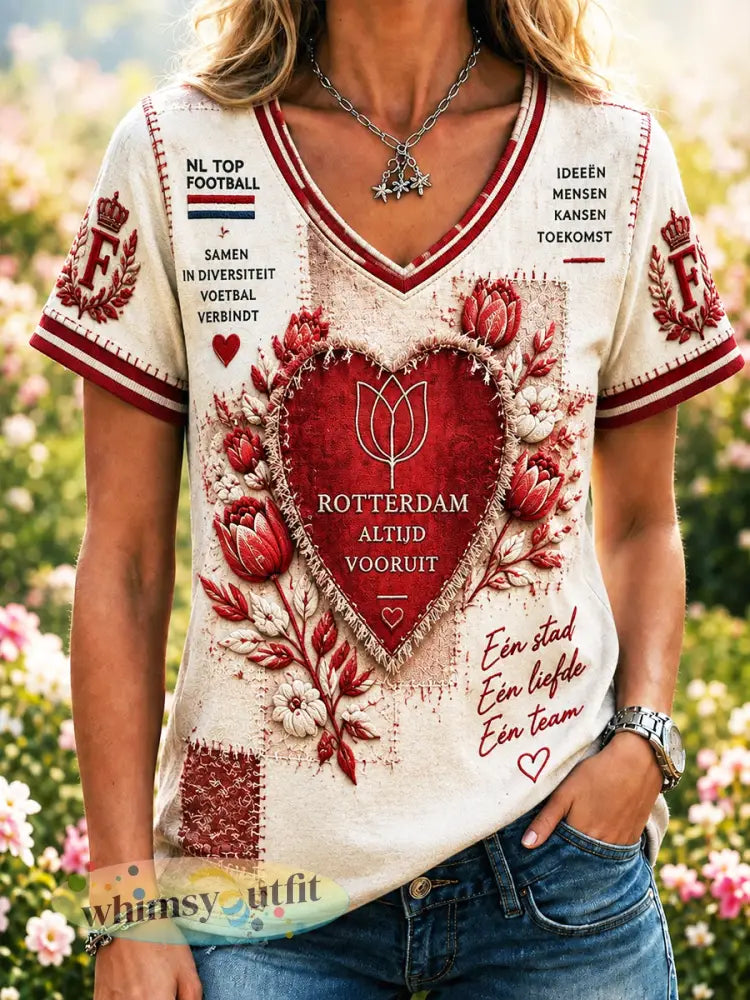 Dames’ offwhite Feyenoord-voetbal t-shirt met patchworkprint en V-hals casual stijl - Romig-Wit / S
