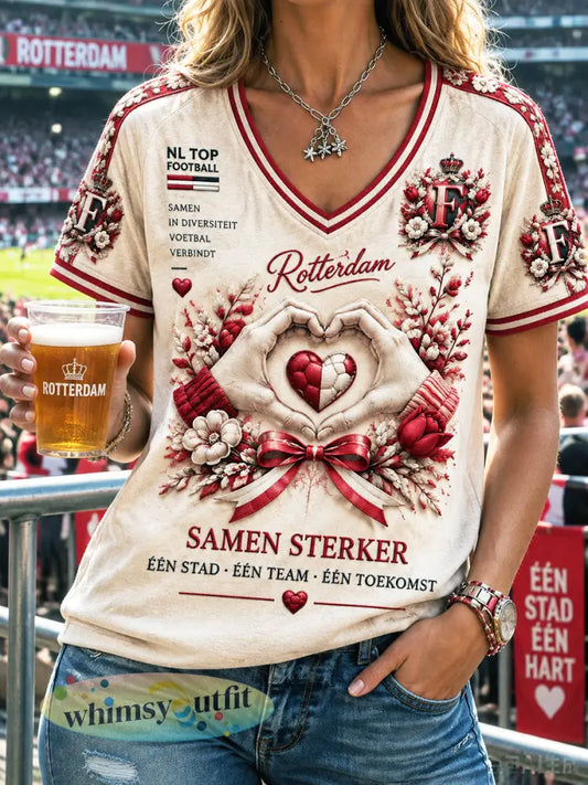 Dames’ offwhite Feyenoord-voetbalprint casual T-shirt met V-hals uit Nederland - Romig-Wit / S