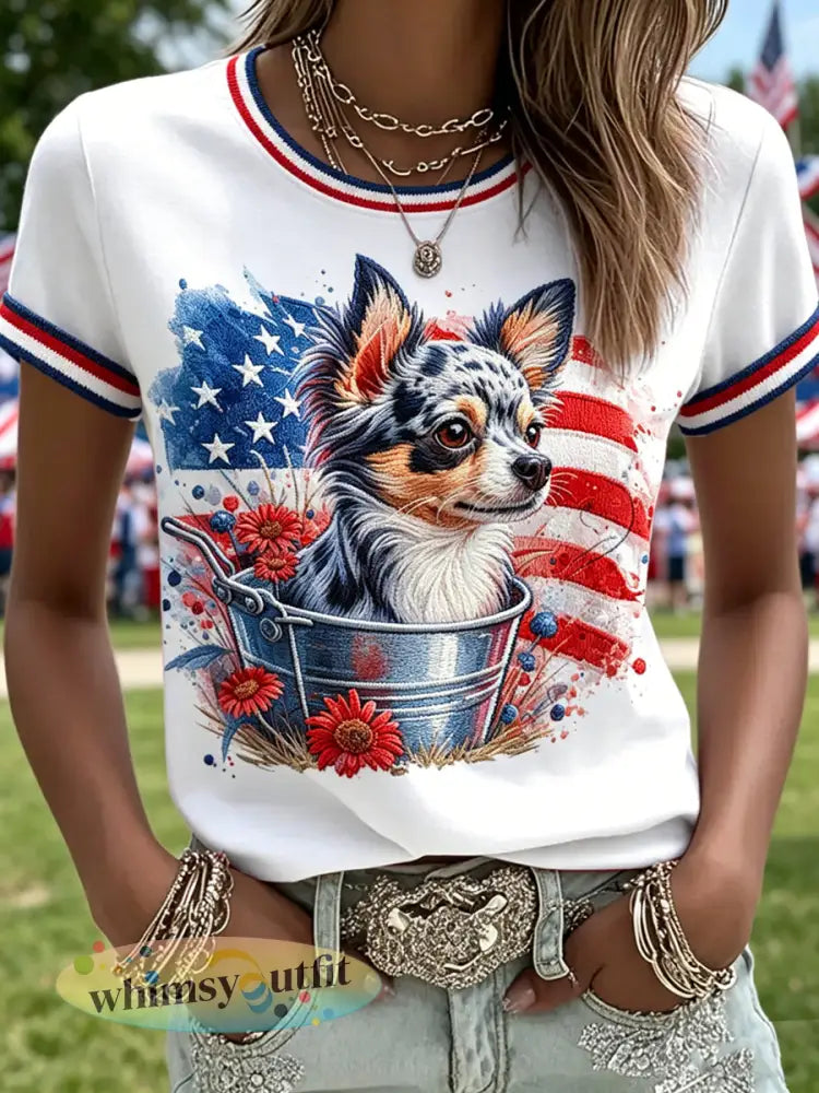 Dames Onafhankelijkheidsdag Dieren Gedrukt Vintage Mode Losse Korte Mouw T-shirt - Wit / S