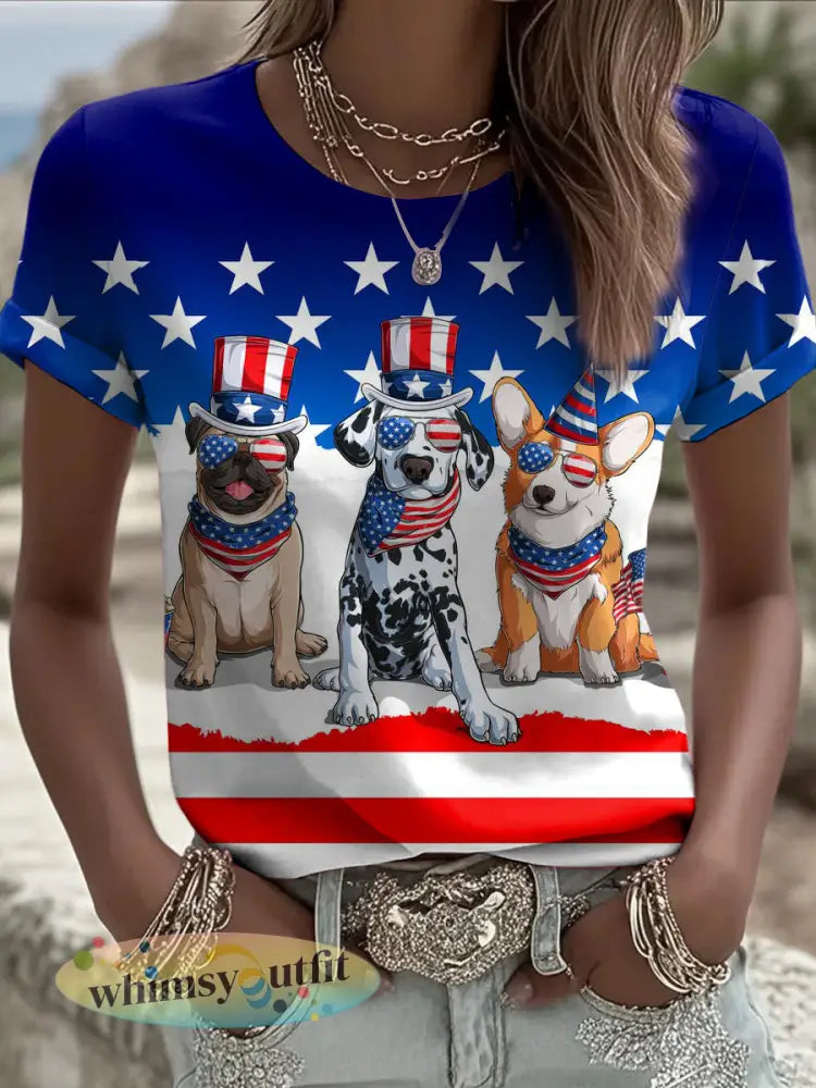 Dames Onafhankelijkheidsdag Dieren Geprint Vintage Mode Loszittend T-shirt met Korte Mouwen - Blauw / S