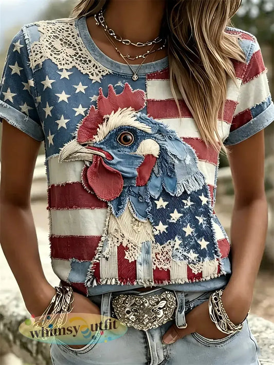 Dames Onafhankelijkheidsdag Dierenborduurwerk Print T-shirt met korte mouwen - als foto / S