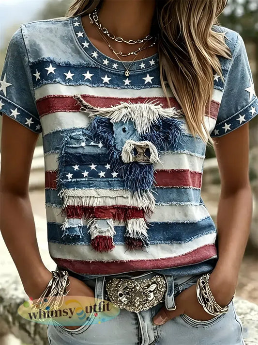 Dames Onafhankelijkheidsdag dierenborduurwerk print t-shirt met korte mouwen - als foto / S