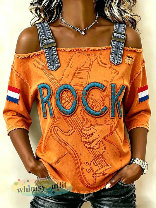 Dames oranje Dutch Rock Festival distressed print casual mode strapless T-shirt - Sinaasappel / S