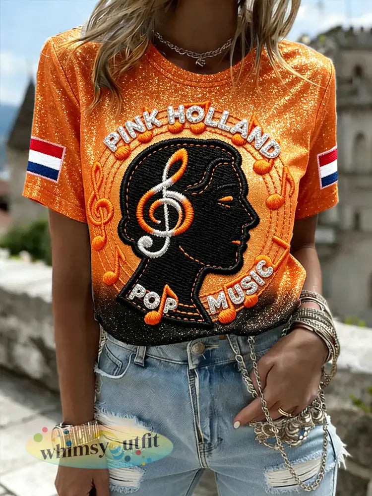 Dames oranje glitter Nederlandse popmuziek print casual t-shirt - Sinaasappel / S