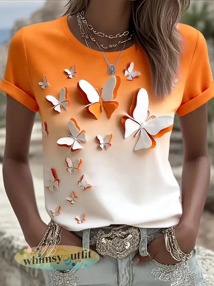 Dames oranje gradiënt Koningsdag vlinder 3D-print casual t-shirt - Oranje wit / S